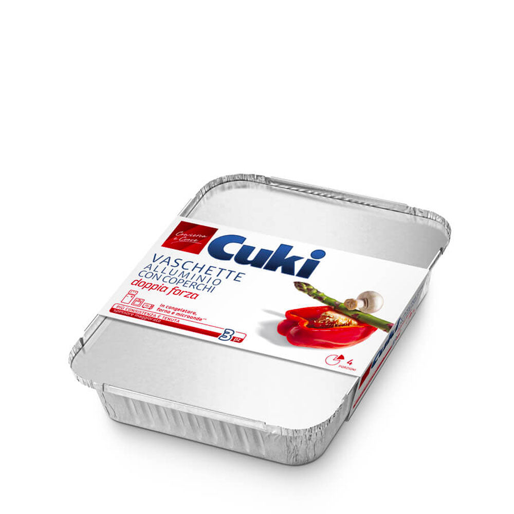 CUKI CONSERVA E CUOCE VASCHETTE ALIMENTARI IN ALLUMINIO CON COPERCHIO CALDO/FREDDO 4 PORZIONI 3pz