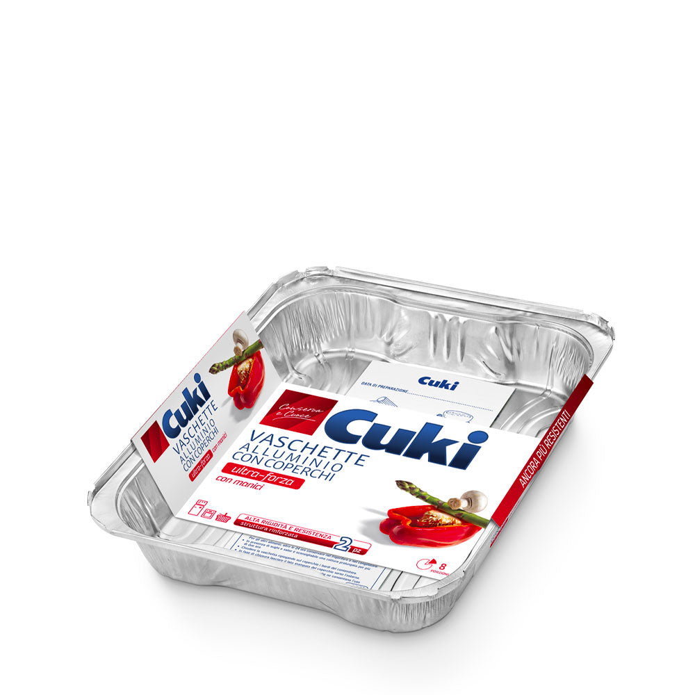 CUKI CONSERVA E CUOCE VASCHETTE ALIMENTARI IN ALLUMINIO CON COPERCHIO CALDO/FREDDO 8 PORZIONI 2pz