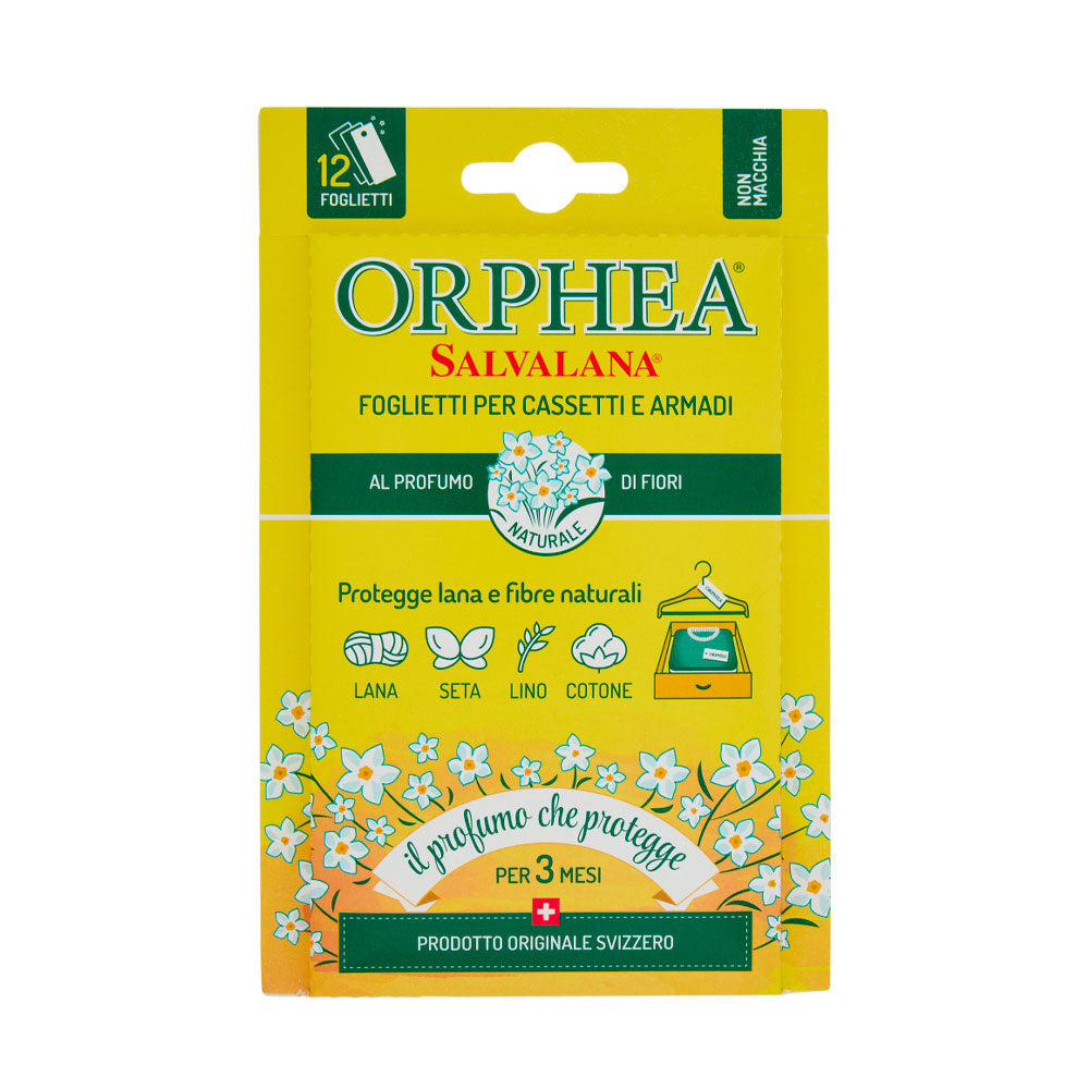 ORPHEA - FOGLI SALVALANA ANTI TARME CASSETTI E ARMADI AL PROFUMO DI FIORI - 12PZ