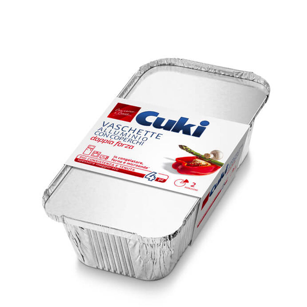 CUKI CONSERVA E CUOCE VASCHETTE ALIMENTARI IN ALLUMINIO CON COPERCHIO CALDO/FREDDO 2 PORZIONI 4pz