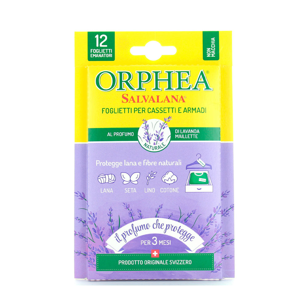 ORPHEA - FOGLI SALVALANA ANTI TARME CASSETTI E ARMADI AL PROFUMO DI LAVANDA - 12PZ
