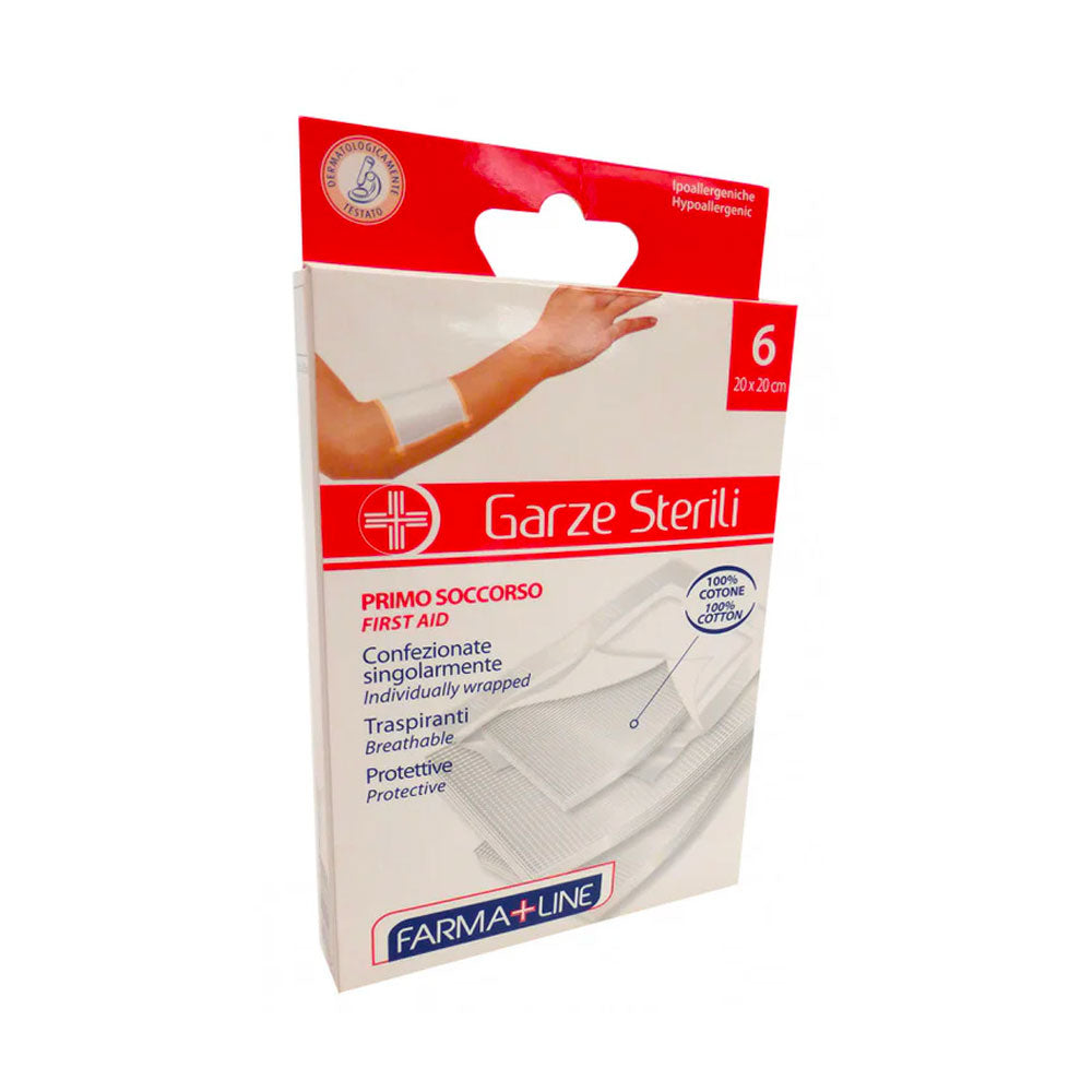 FARMA+LINE - PRIMO SOCCORSO MEDICAZIONE GARZE STERILI COMPRESSE 20x20cm - 6PZ