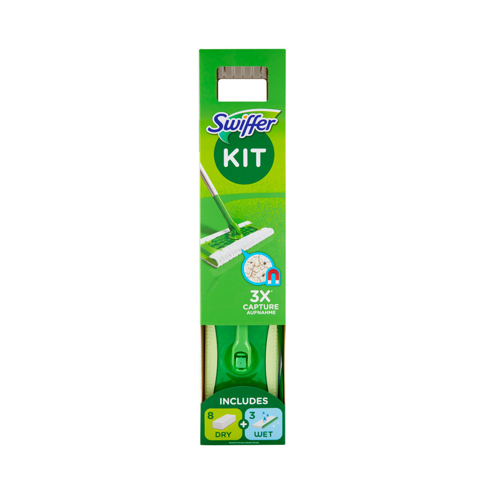 SWIFFER DRY STARTER KIT - 1 SPAZZOLA + 8 PANNI + 3 WET - PULIZIA SECCA E UMIDA